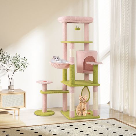 Arbre à Chat de 148 cm de Hauteur Tour pour Chat Esthétique à Plusieurs Niveaux avec Perchoir Supérieur Rembourré Rose (1/2)