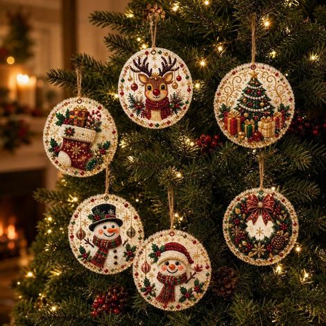 Set mit 6 farbenfrohen Weihnachtsdekorationen aus Holz