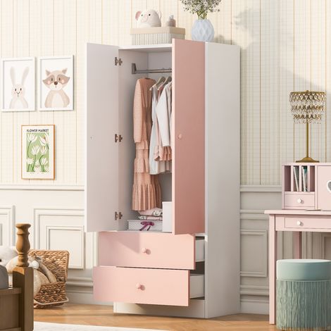 Einzelkleiderschrank 70 x 40 x 170 cm mit Kleiderstange und 2 Schubladen Rosa Weiß OKWISH (1/5)