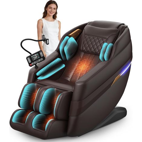 Fauteuil de massage 3D haut de gamme, 8 coussins gonflables, chauffage au niveau des jambes et de la taille, commande vocale par IA et haut-parleurs Bluetooth, marron