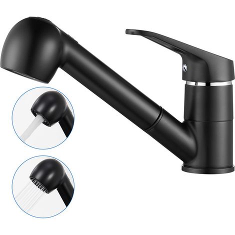 Auralum Robinet de Cuisine Noir avec 50 CM Douchette Extractible Mitigeur Cuisine à 2 Jets Eau Froide et Chaude Mélangeur de Evier Cuisine (1/8)