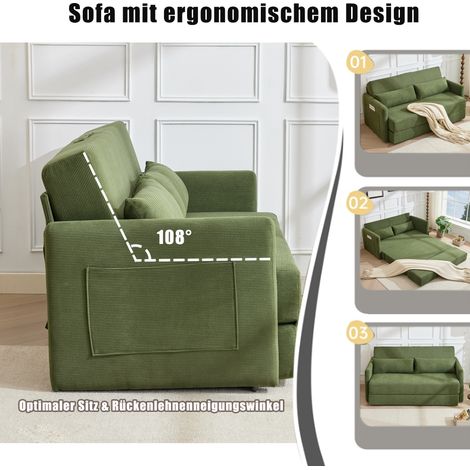 [Nouveautés] [Vidéo disponible] Canapé-lit de sol, canapé 2 places, canapé pliant 2 en 1, tissu velours côtelé, salon, appartement, avec deux coussins lombaires, deux poches à magazines, 165 x 92 x 82 (1/5)