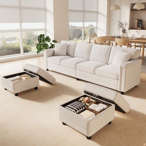 Canapé modulable 4 places en L ou U avec 2 poufs coffre, ports USB et USB-C, tissu chenille beige, 2 coussins déco, 261 x 134 x 82 cm (1/5)
