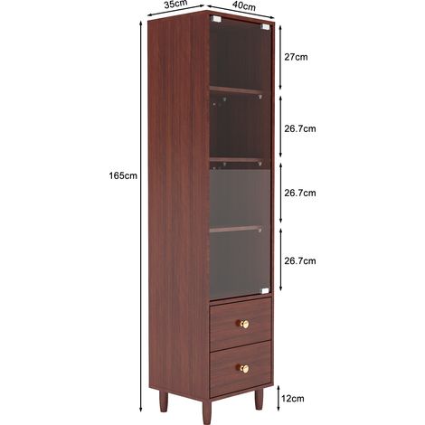 Vitrine éclairage LED bibliothèque porte vitrée 2 tiroirs collection bois rétro poignées dorées H165 L40 P35 cm