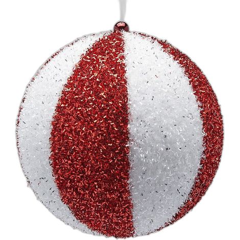 Pendaglio per albero di Natale "Palla Righe" da 15 cm, bianco e rosso