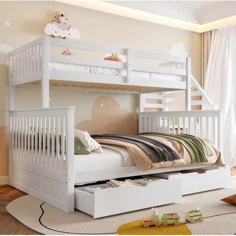 DESVIAE Lit superposé 90 x 200 et 140 x 200 avec tiroirs et rangement en pin blanc pour chambre enfant (1/5)