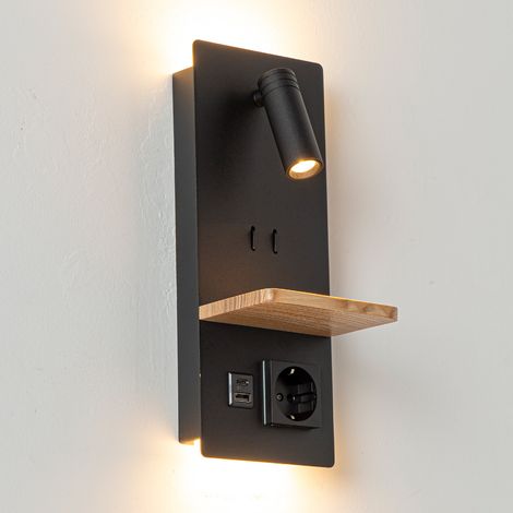 Aplique pared Möbius negro lectura USB bandeja madera (1/5)