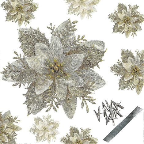 24 piezas de adornos navideños dorados de 5.5'' con flores de Nochebuena brillantes, 24 clips y 24 tallos para Navidad. (1/5)