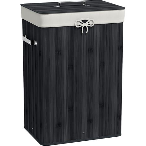 Cesto para la ropa sucia con tapa de bambú y tela, plegable, 72 L, negro, 40 x 30 x 60 cm (1/5)