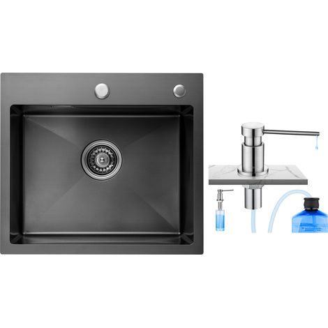 Cecipa Küchenspüle 1 Schüssel Edelstahlspüle mit Siphon und Überlauf Küchenspüle 50 x 45 x 19 cm + gebürsteter Seifenspender (1/5)