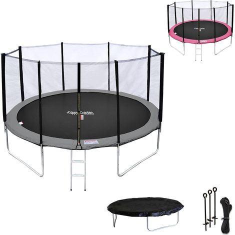 HAPPY GARDEN - Pack Premium Trampoline 430cm réversible gris / rose MELBOURNE + filet, échelle, bâche et kit d'ancrage (1/5)
