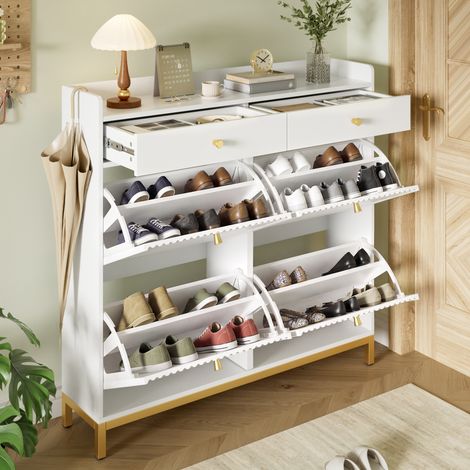 DESMIU Meuble à chaussures 4 portes rabattables et 2 tiroirs avec cloisons réglables, poignées et pieds métal, blanc, 106.5 × 25 × 107 cm (1/4)