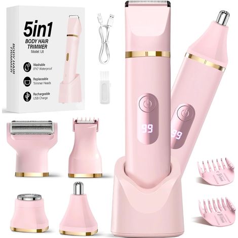 Rasoir pour femme, rasoir intime 5 en 1 pour femme, épilateur de poils du visage pour femme, rasoir électrique pour jambes, bras, aisselles et zone du bikini, rechargeable IPX7 étanche, rose 02 (1/5)