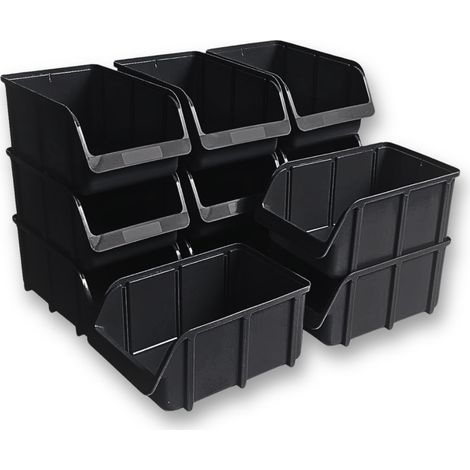 Lot de 12 boîtes de rangement empilables, taille 4, polypropylène (PP) incassable et recyclé, idéal pour les systèmes de rangement et de tri, les étagères, les rayonnages d'atelier, noir (1/2)
