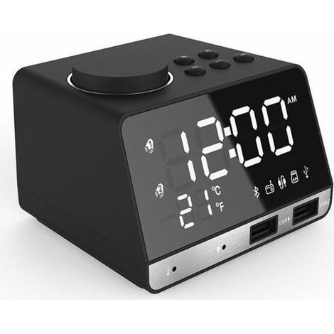 LED-Doppelwecker mit Spiegel, Radio und Lautsprecher für Badezimmer, Bass, kabellos, Bluetooth + USB-Anschluss + FM, schwarz (1/4)