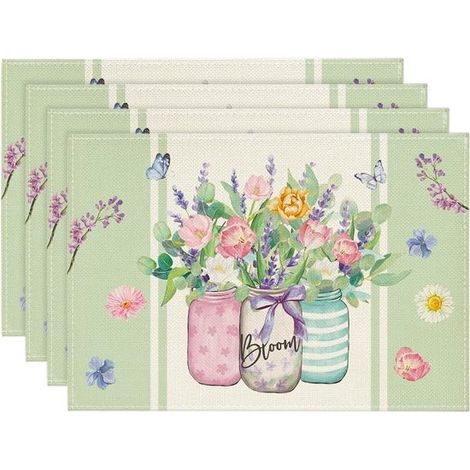 4 piezas, 45x30 cm, Repelentes al agua y resistentes al calor, Lino, Estampado floral veraniego, Manteles individuales antideslizantes (1/5)
