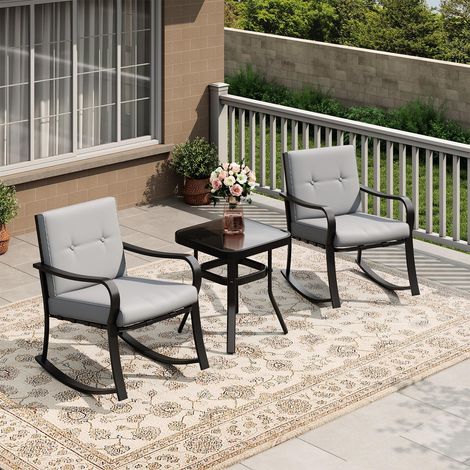 Ensemble 3 pièces fauteuil bascule jardin 2 chaises coussin gris chaud table verre acier inoxydable déhoussable (1/5)