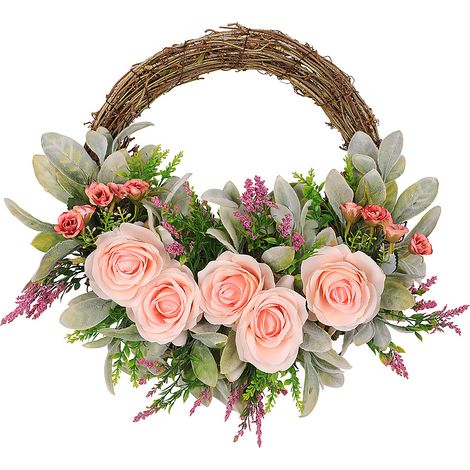 Couronne florale printanière de 40 cm, couronne décorative printemps/été avec feuilles en forme d'oreilles de lapin, roses artificielles, décoration murale en rotin synthétique. (1/2)