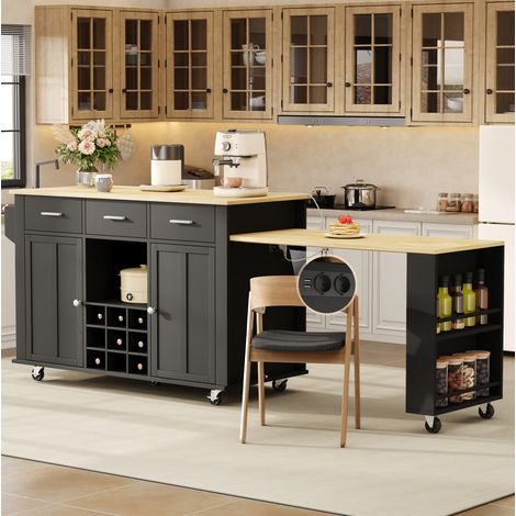 Isola cucina mobile con piano scorrevole, 3 cassetti, portabottiglie, MDF, nero/naturale (1/5)