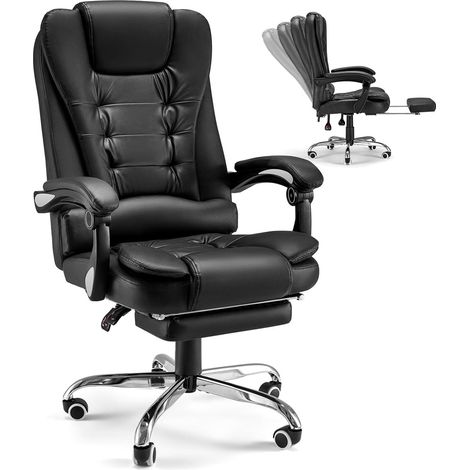 YODOLLA Bürostuhl 200kg Belastbarkeit, Ergonomischer Chefsessel Schreibtischstuhl mit Liegefunktion, Höhenverstellbar Office Chair mit Fußstütze aus Leder, Schwarz (1/5)