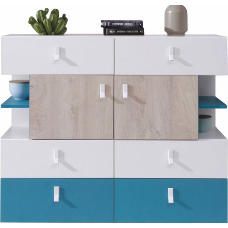 Commode Camteso 106, Blanc + Chêne + Turquoise, Tiroirs et portes, Nombre de tiroirs: 6, 90x110x40cm