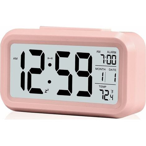 Reloj despertador digital, pequeño, con pantalla LCD, función de repetición de alarma, fecha y calendario, indicador de temperatura, fácil de colocar junto a la cama (rosa). (1/5)