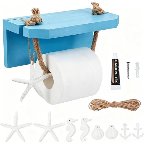 Porte-papier toilette en corde nautique avec 4 accessoires sur le thème de l'océan, montage mural, rouleau de papier toilette en bois bleu, support suspendu, thème côtier, décoration de (1/5)