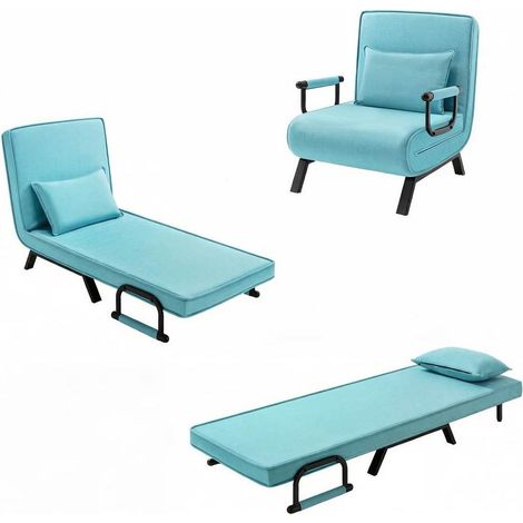 Fauteuil pliant convertible 3-en-1 avec fonction lit, cadre métallique, bleu, 80x74x82 cm (fauteuil) (1/5)