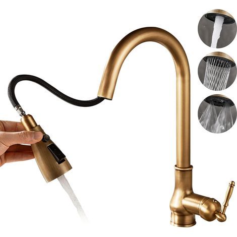 Robinet de cuisine vintage en laiton bronze antique à un trou avec douchette extractible (douche à 3 fonctions) (1/5)