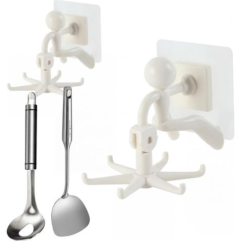 2 Pièces Porte Ustensiles Cuisine, Support Ustensiles Cuisine avec 6 Crochets, Crochets Auto Adhésifs Rotatif À 360°, Sans Perçage Rangement Organiseur Rack pour Bains (1/5)