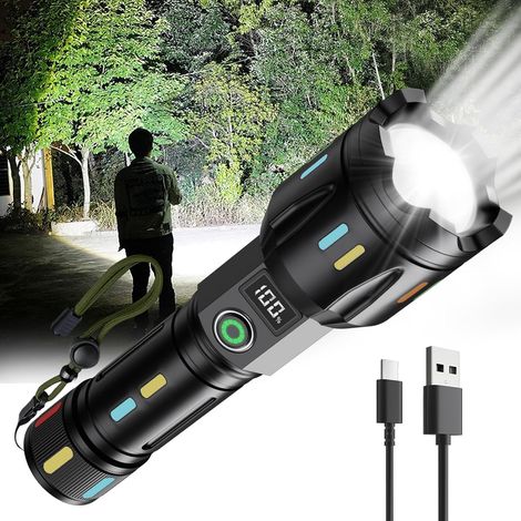 Wiederaufladbare LED-Taschenlampe, USB-Taschenlampe mit Zoom, Notfall-Taschenlampe mit Akkuanzeige, Camping-Taschenlampe (1/5)