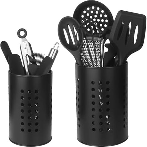 2 Pièces Porte-Couverts en Acier Inoxydable Noir,Range Ustensiles 2 Tailles,Pot Ustensiles Cuisine Noir,Pot Ustensile Rond pour Couteau pour Fourchette Baguettes Cuillère (1/5)