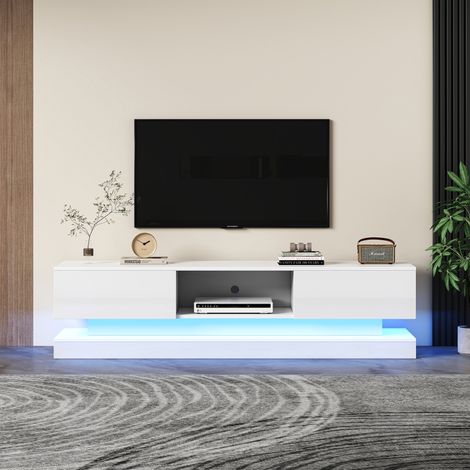 160 cm White TV Stand with RGB LED Lights, High Gloss Finish, 2 Drawers & Open Storage for 70-79 inch TVs