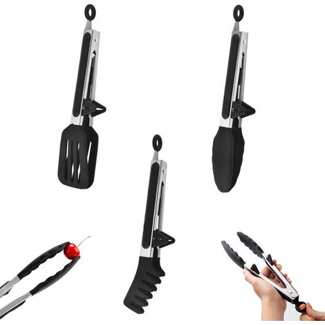 Fleischzange - 3er-Set - Küchenzange - Spaghettizange - Pastazange - Servierzange - Kochzange - mit Standfüßen und Aufhängeösen - Salatzange - Spargelzange - Grillzange - Grillzubehör - Schwarz (1/5)