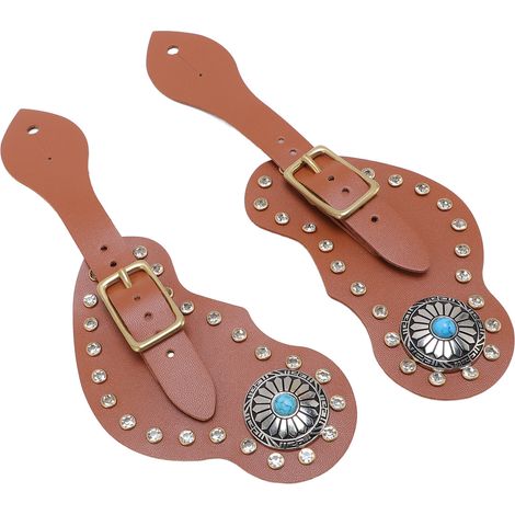 2 Sangles pour Eperons Cuir PU Nappa Marron Decor Rhinestones Style Western Rodeo Equitation Cowboy Bottes Ferme Prairie (1/5)