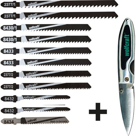 wolfcraft I Stichsägeblätter-Set mit Taschenmesser I 2377000 I T-Schaft, Allround-Set für den Innenausbau, 12-tlg. I Sägeblatt (1/5)