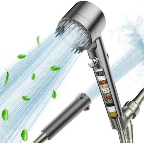 Pommeau de douche filtrant à main, pommeau de douche multijets haute pression avec interrupteur marche/arrêt et filtres adoucisseurs à 18 étapes pour eau dure, élimine le chlore, pulvérisation (1/3)