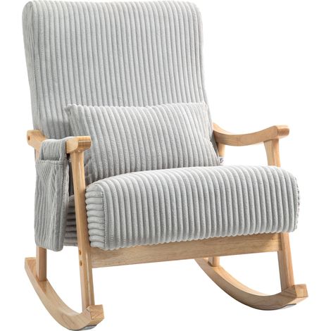 Fauteuil à bascule en velours côtelé av. pieds et accoudoirs en bois d'hévéa, coussin lombaire et poche, cap. de charge 120 kg, gris (1/5)