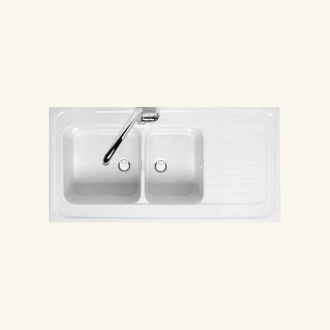 Évier céramique blanc à poser 120x60 cm – 2 bacs réversibles – Vidage manuel – Équipements inclus : bonde, siphon, tuyaux d'évacuation – EWI (1/4)