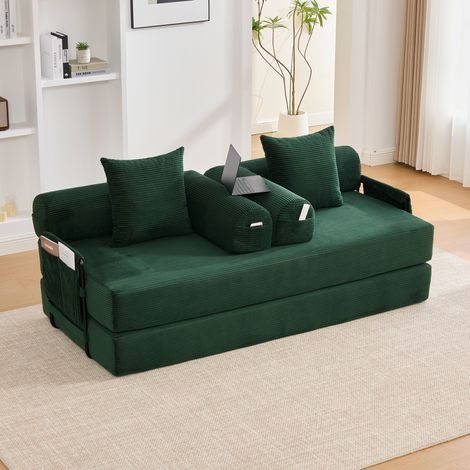 Sofá modular 200x94x67 cm de tela verde esmeralda con bolsillo lateral y 3 cojines – MEUBLIV (1/5)