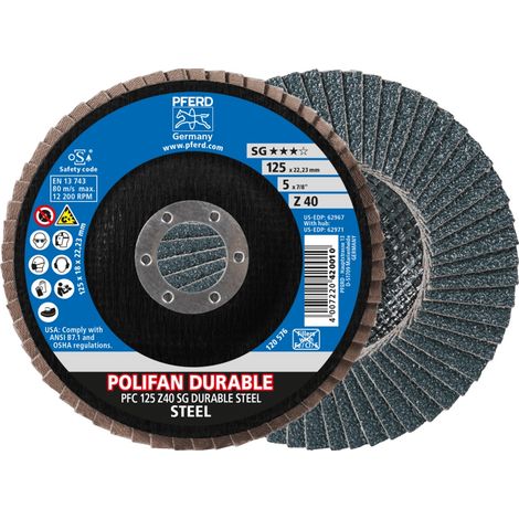 PFERD TOOLS POLIFAN POWER Fächerscheibe PFC 125x22,23 mm konisch Z40 Leistungslinie SG DURABLE STEEL für Stahl 10 Stk (1/5)