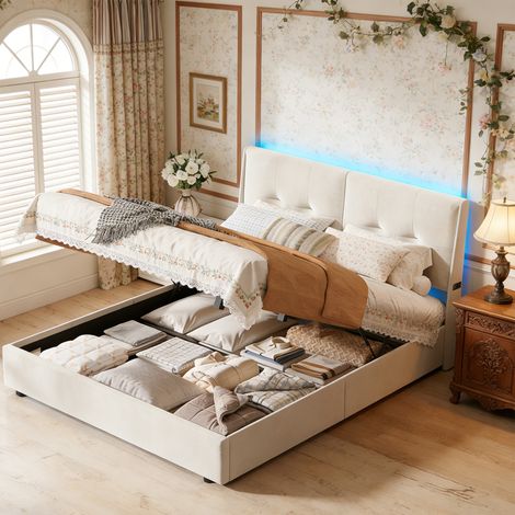Lit rembourré 160x200cm, Lit coffre avec rangement hydraulique, Tête de lit capitonné avec éclairage LED, Lit adulte 2 Personnes, velours, beige (1/5)