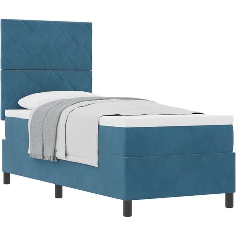 Matelas à ressorts avec tête de lit, bleu foncé, 80 x 200 cm, tissu velours. (1/5)