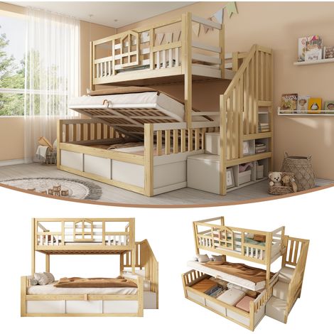 Lit superposé cabane enfant 90x200 + 140x200 cm blanc/naturel avec fenêtre, escalier rangement, coffre hydraulique, sans matelas