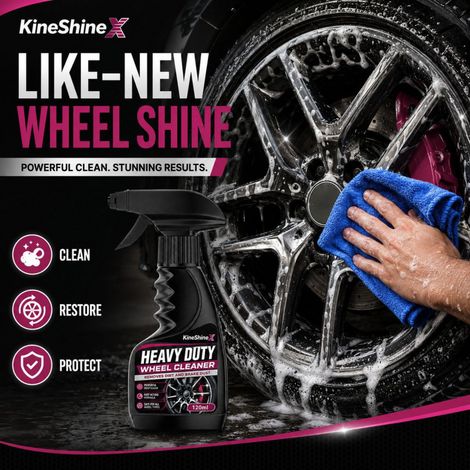 KineShineX Heavy Duty Wheel Cleaner entfernt kraftvoll Bremsstaub, Ölflecken und Schlamm tief aus den Felgen. (1/5)