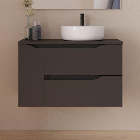 Meuble de salle de bain 80cm avec plateau et vasque à poser déportée à droite Ares - sans miroir - 2 tiroirs et un placard - noir - ZARZA