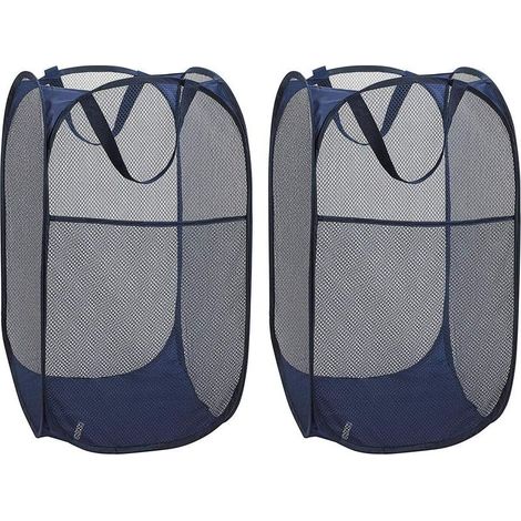 Panier à linge lot de 2 corbeilles pliables pop-up en maille filet, sac à linge avec poignées, bleu (1/5)