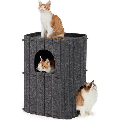 Niche pour Chat d'Intérieur, Nid de Chat Grande Maison à 2 Étages, Grotte Confortable Recouverte de Feutre Lits pour Chats, 45x36,5x60 cm, Gris (1/5)