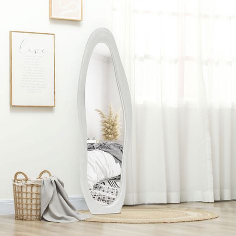 Miroir mural et au sol en velours blanc, cadre ondulé, 160x50 cm, miroir pleine longueur design (1/5)