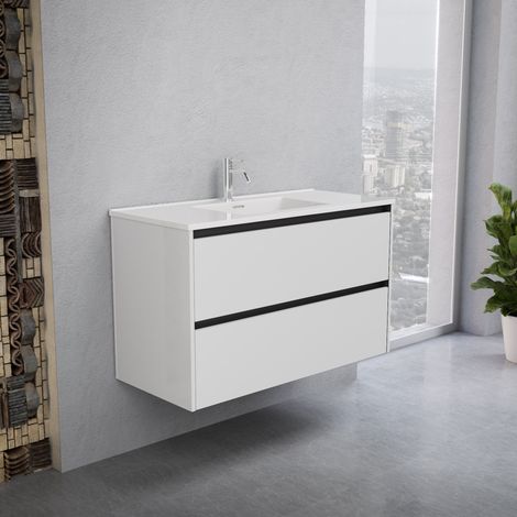 Inda - Badezimmerschrank 2 Schubladen B.100 mit glänzendem Waschbecken / Weiß glänzend - Smeraldo (1/5)